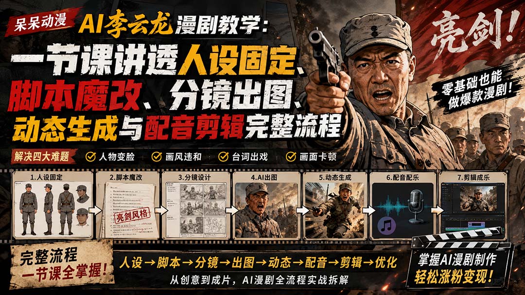 （20107期）呆呆动漫AI李云龙漫剧教学：一节课讲透人设固定、脚本魔改、分镜出图、动态生成与配音剪辑完整流程-九节课