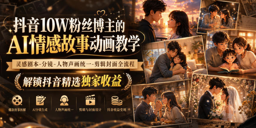 抖音10W粉丝博主的AI情感故事动画教学，灵感剧本‑分镜‑人物声画统一‑剪辑封面全流程，解锁抖音精选独家收益-九节课