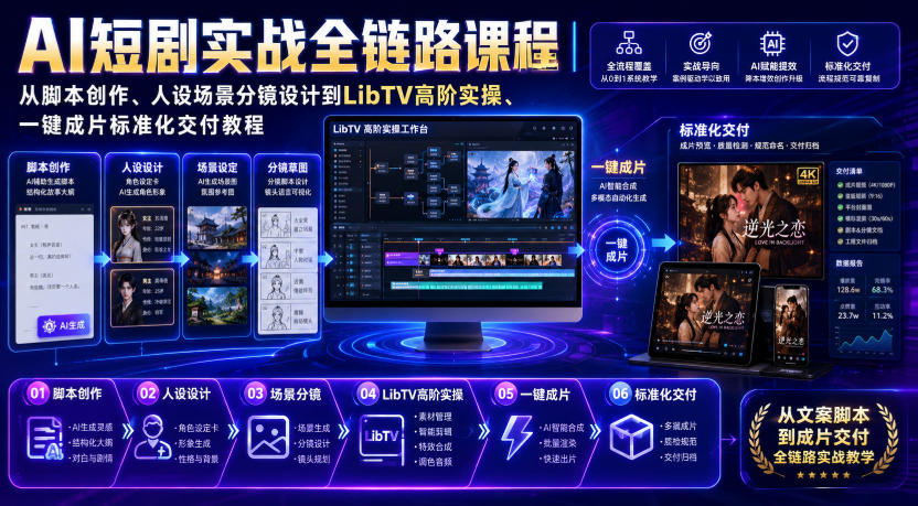AI短剧实战全链路课程｜从脚本创作、人设场景分镜设计到LibTV高阶实操、一键成片标准化交付教程-九节课