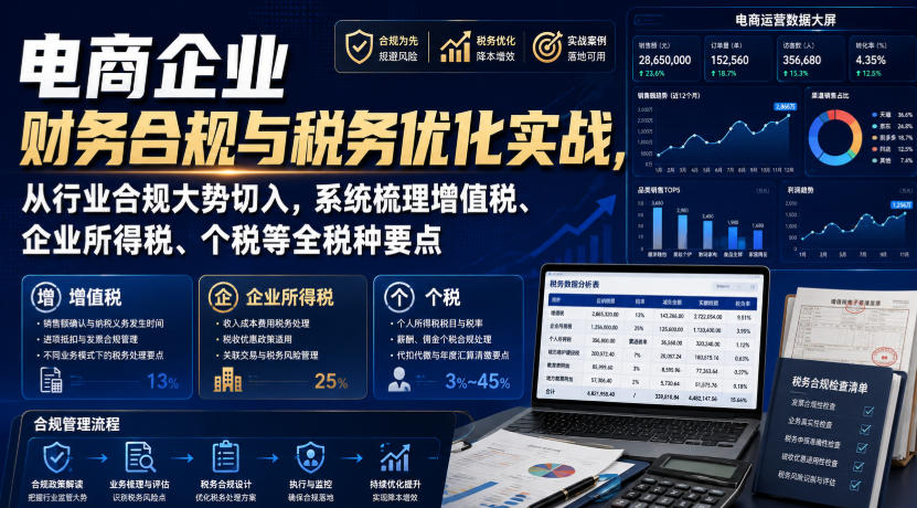 电商企业财务合规与税务优化实战，从行业合规大势切入，系统梳理增值税、企业所得税、个税等全税种要点-九节课