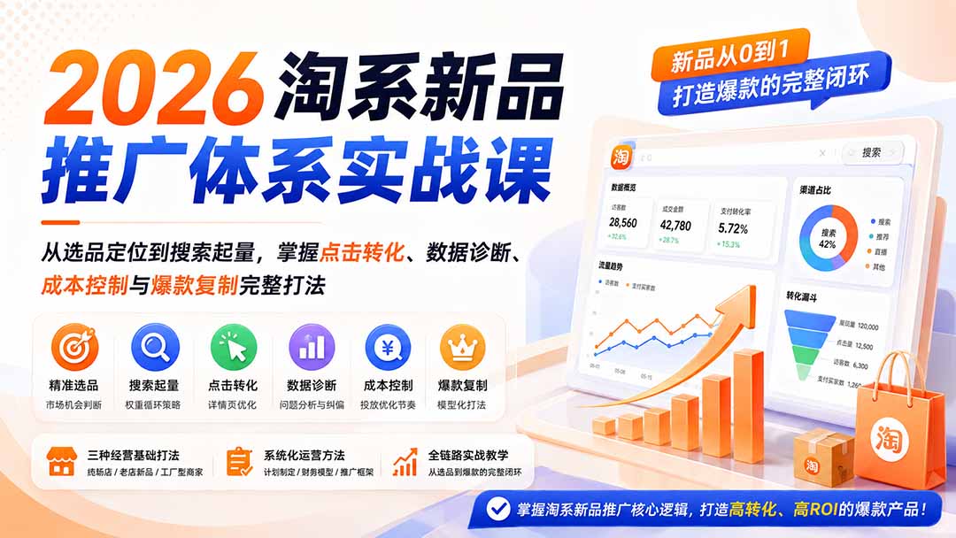 （19908期）2026淘系新品推广体系实战课：从选品定位到搜索起量，掌握点击转化、数据诊断、成本控制与爆款复制完整打法-九节课
