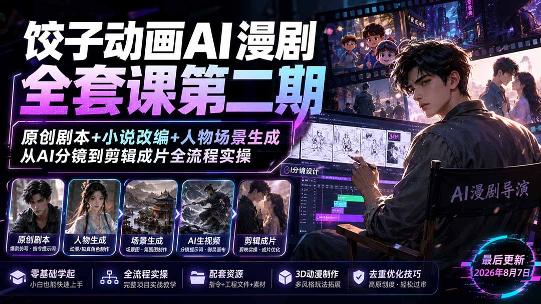 （19910期）饺子动画AI漫剧全套课第二期：原创剧本+小说改编+人物场景生成，从AI分镜到剪辑成片全流程实操-九节课