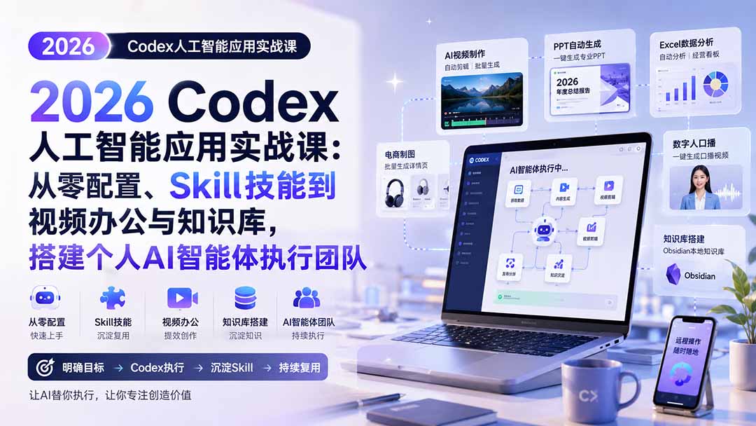 （20067期）2026 Codex人工智能应用实战课：从零配置、Skill技能到视频办公与知识库，搭建个人AI智能体执行团队-九节课