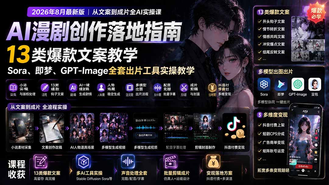 （19691期）AI漫剧创作落地指南｜13类爆款文案教学，Sora、即梦、GPT-Image全套出片工具实操教学-九节课