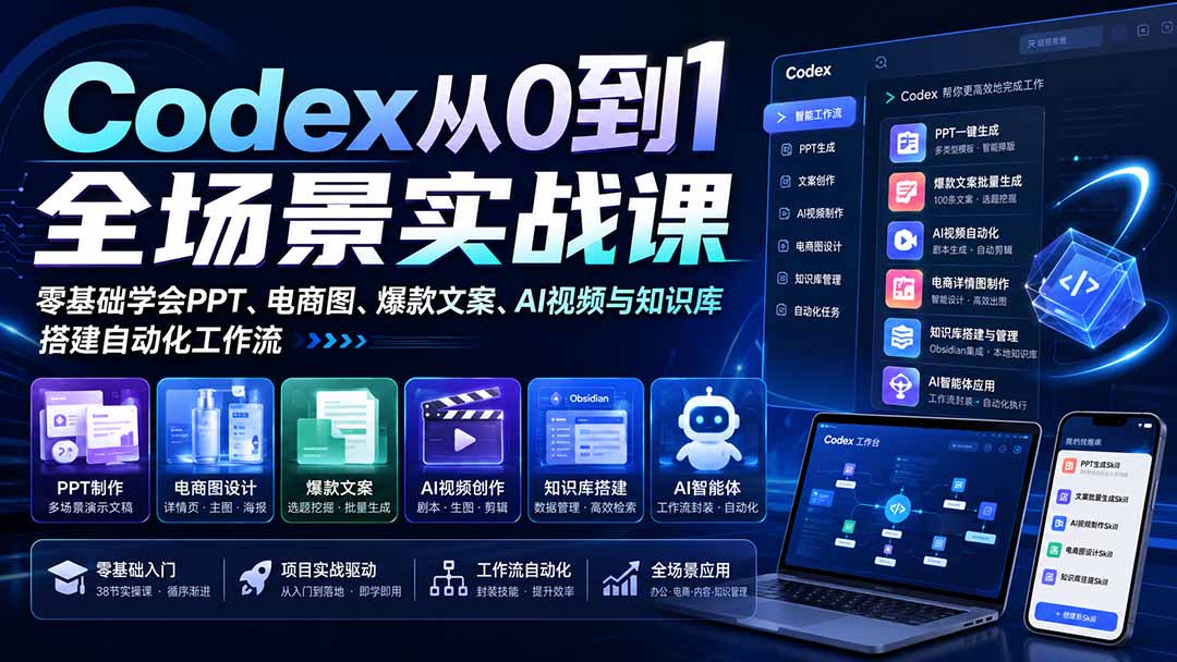 （20041期）Codex从0到1全场景实战课：零基础学会PPT、电商图、爆款文案、AI视频与知识库，搭建自动化工作流-九节课