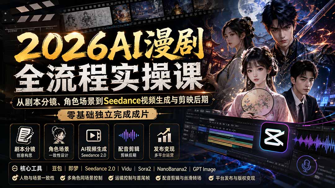 （20042期）2026AI漫剧全流程实操课：从剧本分镜、角色场景到Seedance视频生成与剪映后期，零基础独立完成成片-九节课