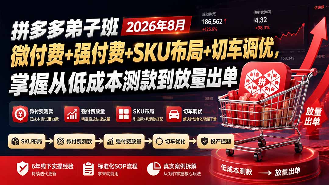 （19746期）拼多多弟子班2026年8月：微付费+强付费+SKU布局+切车调优，掌握从低成本测款到放量出单-九节课
