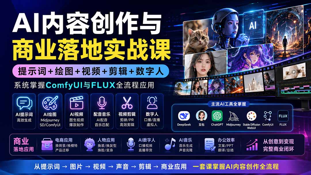 （19913期）AI内容创作与商业落地实战课：提示词+绘图+视频+剪辑+数字人，系统掌握ComfyUI与FLUX全流程应用-九节课