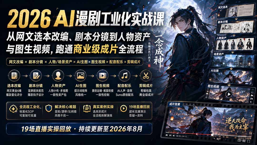 （20068期）2026 AI漫剧工业化实战课-更新：从网文选本改编、剧本分镜到人物资产与图生视频，跑通商业级成片全流程-九节课
