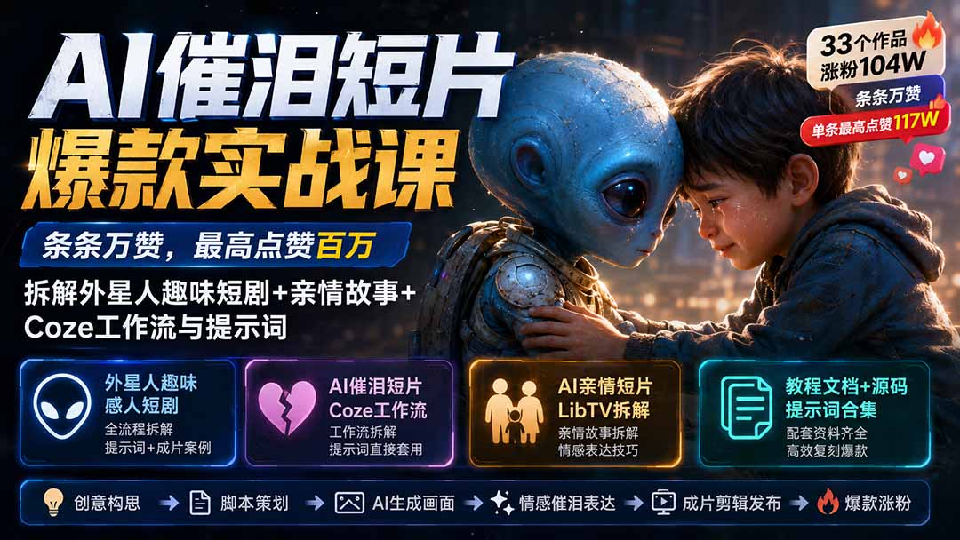 （20038期）AI催泪短片爆款实战课：条条万赞，最高点赞百万，拆解外星人趣味短剧+亲情故事+Coze工作流与提示词-九节课