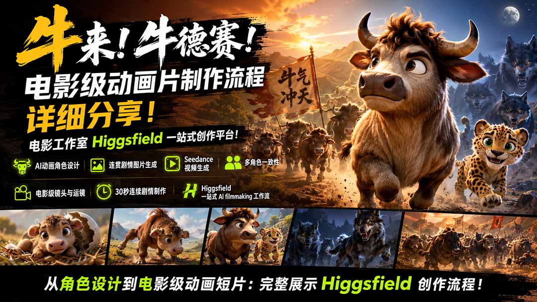 （19987期）牛来！牛德赛！电影级动画片制作流程详细分享！电影工作室Higgsfield一站式创作平台！-九节课
