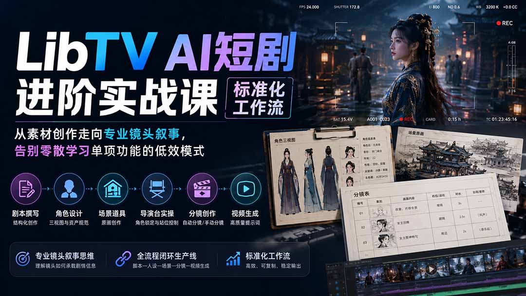 （19836期）LibTV AI短剧进阶实操课标准化工作流；从素材创作走向专业镜头叙事，告别零散学习单项功能的低效模式-九节课