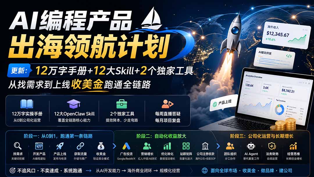 (20015期)AI编程产品出海领航计划-更新:12万字手册+12大Skill+2个独家工具,从找需求到上线收美金跑通全链路-九节课