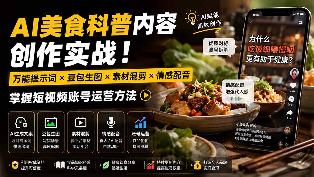 （19730期）外面卖199元-AI美食科普内容创作实战！万能提示词×豆包生图×素材混剪×情感配音，掌握短视频账号运营方法-九节课