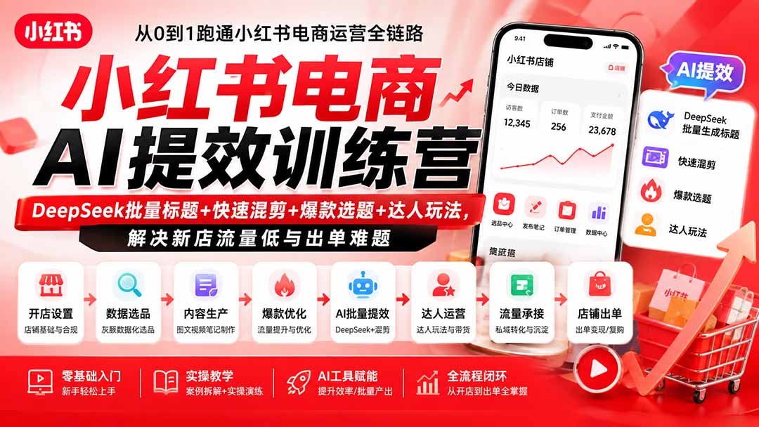 （19749期）小红书电商AI提效训练营—DeepSeek批量标题+快速混剪+爆款选题+达人玩法，解决新店流量低与出单难题-九节课