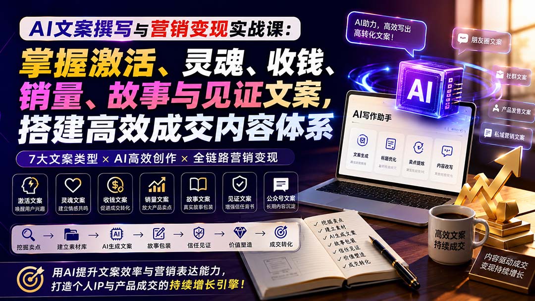 （20126期）AI文案撰写与营销变现实战课：掌握激活、灵魂、收钱、销量、故事与见证文案，搭建高效成交内容体系-九节课