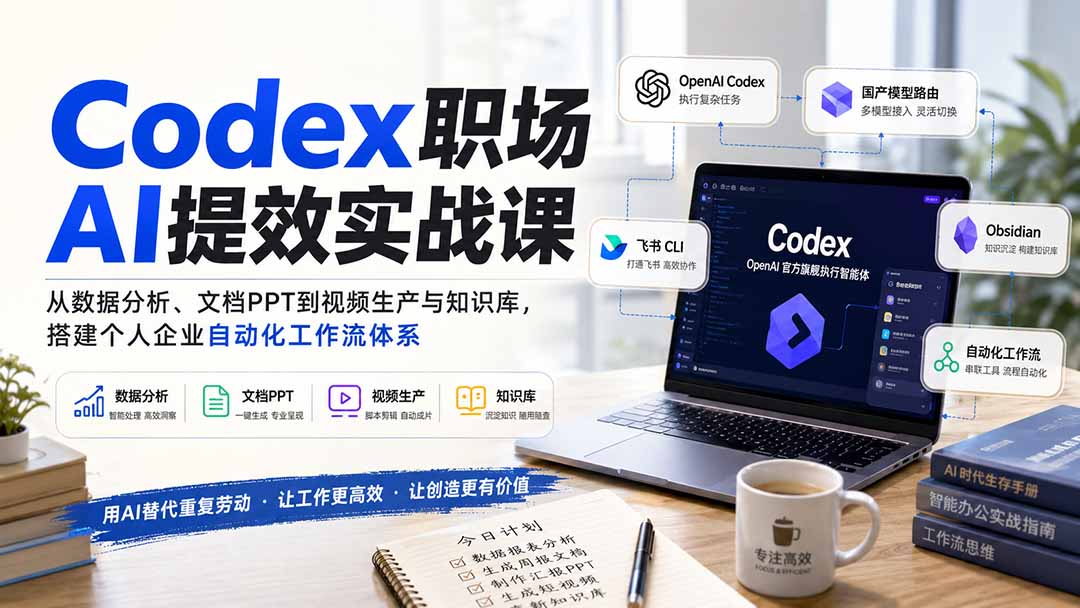 （20057期）Codex职场AI提效实战课：从数据分析、文档PPT到视频生产与知识库，搭建个人企业自动化工作流体系-九节课