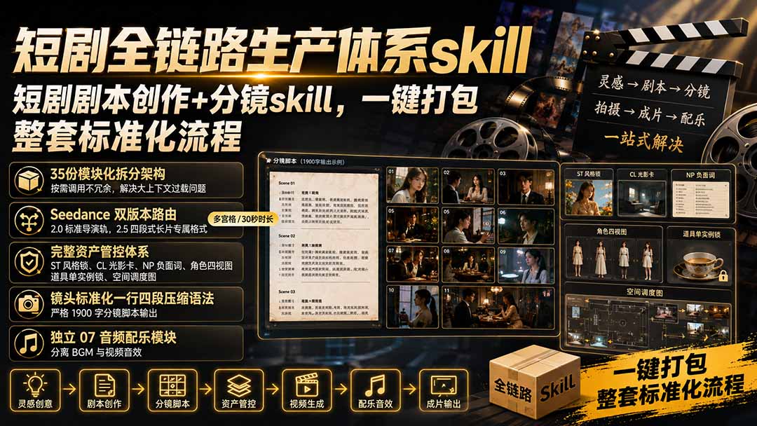 （19911期）短剧全链路生产体系skill，短剧剧本创作+分镜skill，一键打包，整套标准化流程-九节课