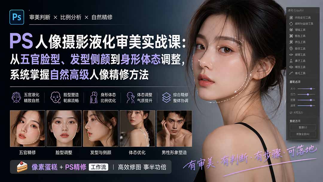 （20062期）PS人像摄影液化审美实战课：从五官脸型、发型侧颜到身形体态调整，系统掌握自然高级人像精修方法-九节课