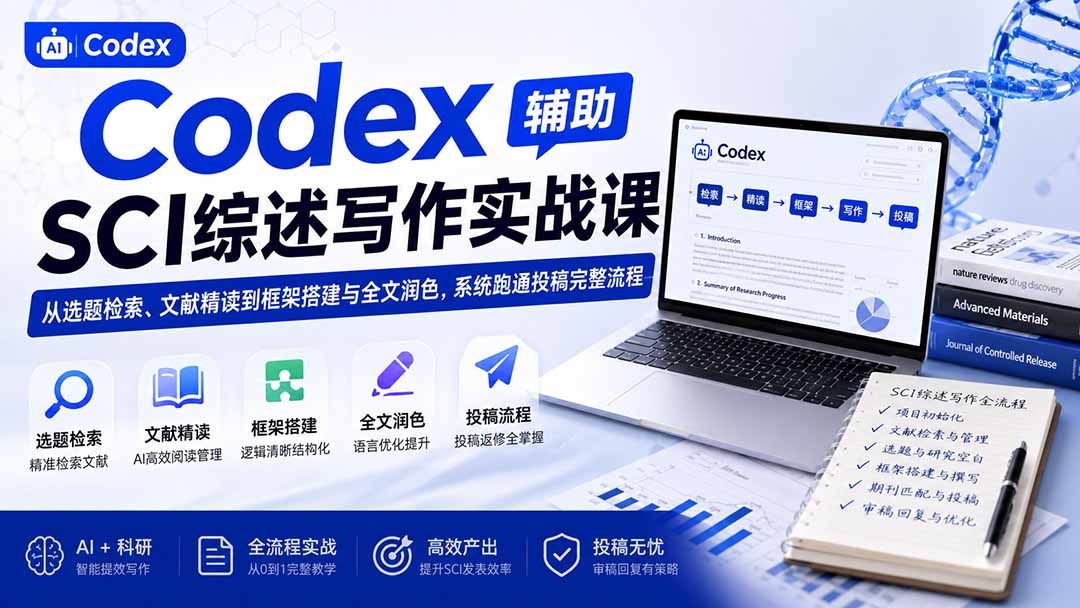 （19751期）Codex辅助SCI综述写作实战课——从选题检索、文献精读到框架搭建与全文润色，系统跑通投稿完整流程-九节课