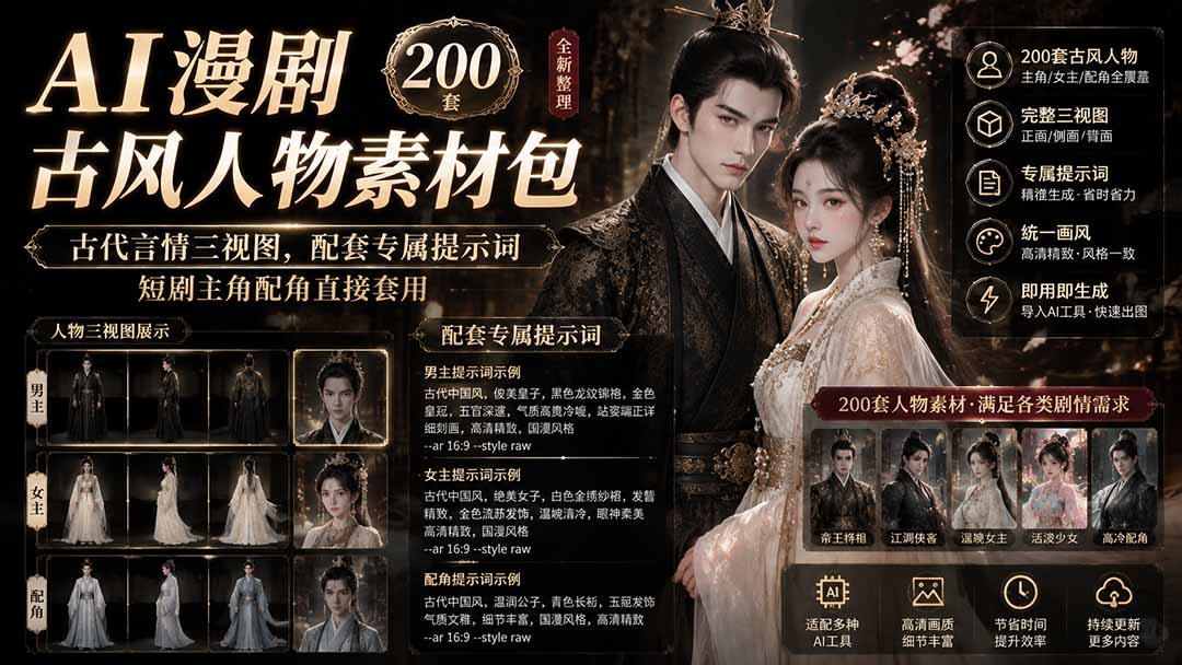 （19693期）AI漫剧古风人物素材包+提示词｜200 套古代言情三视图，配套专属提示词短剧主角配角直接套用-九节课