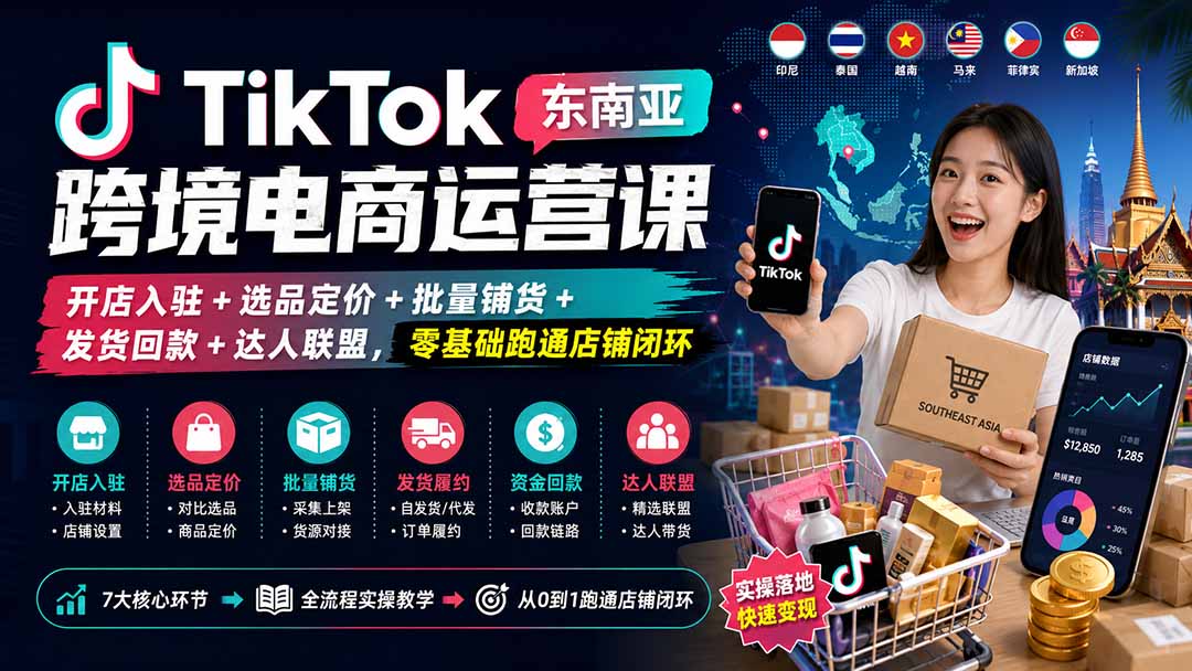 （20059期）TikTok东南亚跨境电商运营课：开店入驻+选品定价+批量铺货+发货回款+达人联盟，零基础跑通店铺闭环-九节课