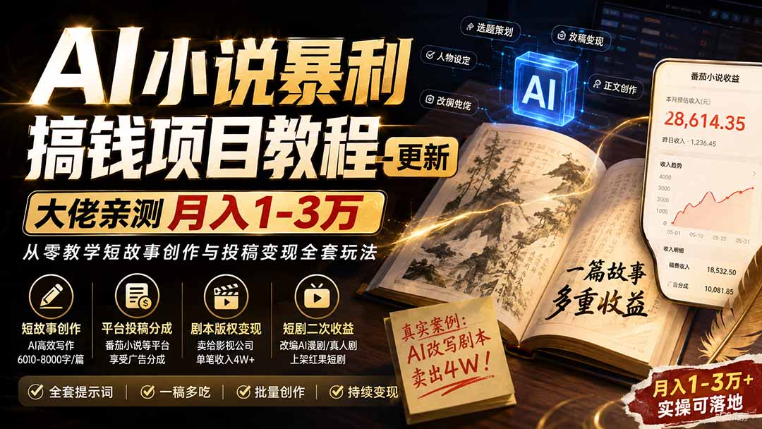 （20044期）AI小说暴利搞钱项目教程-更新，大佬亲测月入1-3万，从零教学短故事创作与投稿变现全套玩法-九节课