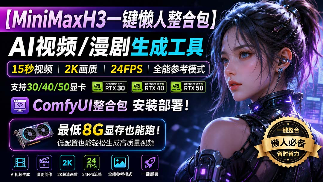 （20130期）MiniMaxH3一键懒人整合包：AI视频/漫剧生成工具，15秒视频_2K画质_24FPS_全能模式，支持30_40_50显卡，8g显存也能跑-九节课