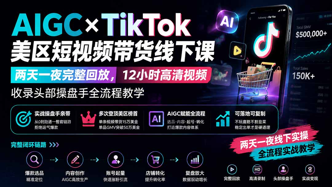 （19778期）AIGC×TikTok美区短视频带货线下课；两天一夜完整回放，12小时高清视频收录头部操盘手全流程教学-九节课