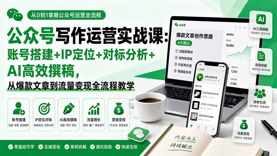 （19914期）公众号写作运营实战课：账号搭建+IP定位+对标分析+AI高效撰稿，从爆款文章到流量变现全流程教学-九节课