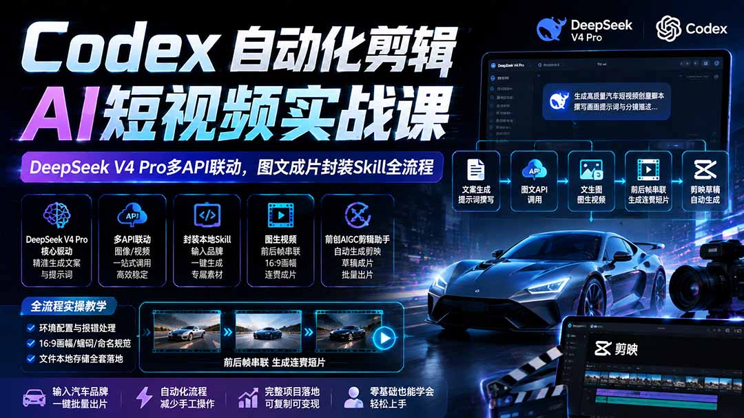 （19711期）Codex自动化剪辑AI短视频实战课｜DeepSeek V4 Pro多API联动，图文成片封装Skill全流程-九节课