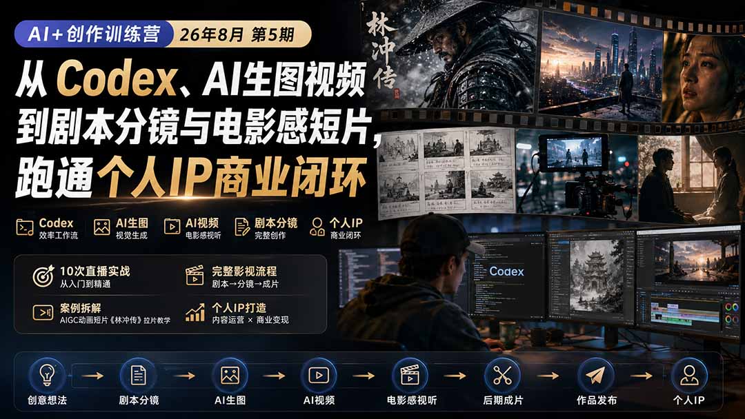（20145期）AI+创作训练营26年8月第5期：从Codex、AI生图视频到剧本分镜与电影感短片，跑通个人IP商业闭环-九节课