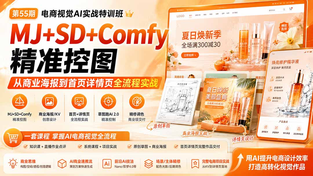 （20027期）电商视觉 AI实战训练营第55期：MJ+SD+Comfy精准控图，从商业海报到首页详情页全流程实战-九节课