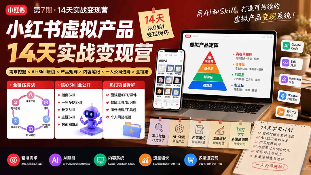 （19712期）小红书虚拟产品14天实战变现营-第7期：需求挖掘×AI+Skill原创×产品矩阵×内容笔记×一人公司进阶×全链路-九节课