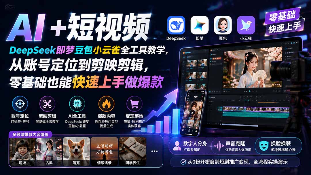 （19759期） AI+短视频｜DeepSeek即梦豆包小云雀全工具教学，从账号定位到剪映剪辑，零基础也能快速上手做爆款-九节课