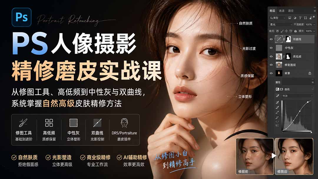 (20061期)PS人像摄影精修磨皮实战课:从修图工具、高低频到中性灰与双曲线,系统掌握自然高级皮肤精修方法-九节课