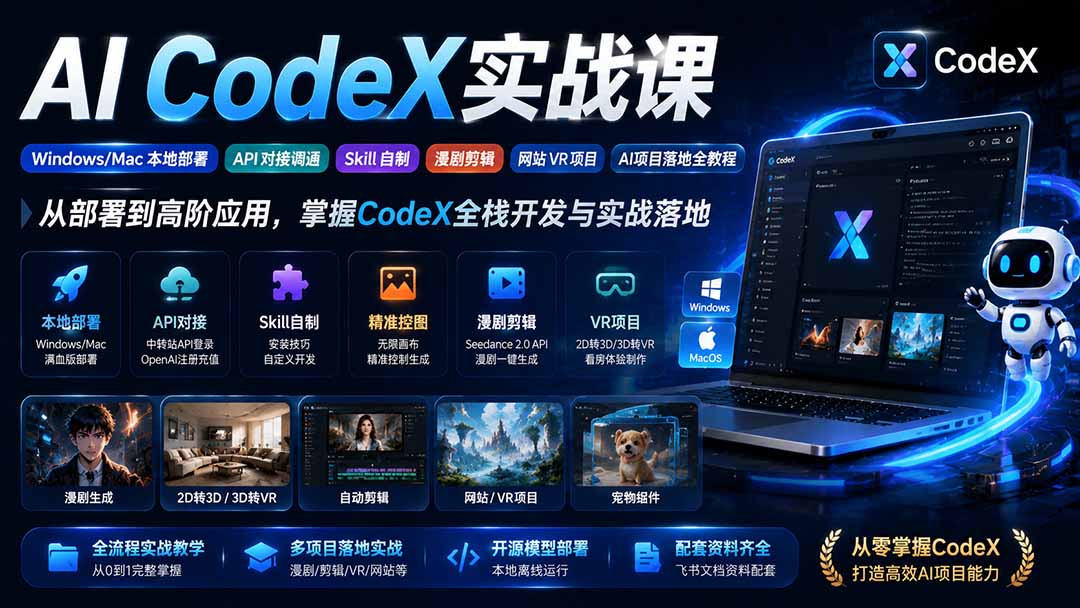 （19769期）AI  CodeX实战课｜Windows/Mac 本地部署｜API 对接调通｜Skill 自制｜漫剧剪辑｜网站 VR 项目｜AI项目落地全教程-九节课