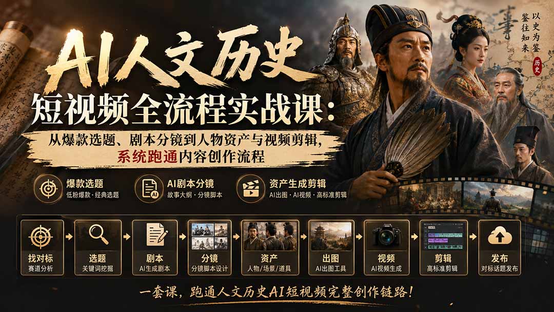 （20074期）AI人文历史短视频全流程实战课：从爆款选题、剧本分镜到人物资产与视频剪辑，系统跑通内容创作流程-九节课