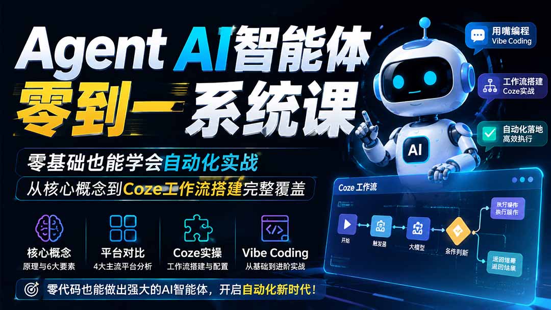 （19753期）Agent AI智能体零到一系统课；零基础也能学会自动化实战，从核心概念到Coze工作流搭建完整覆盖-九节课