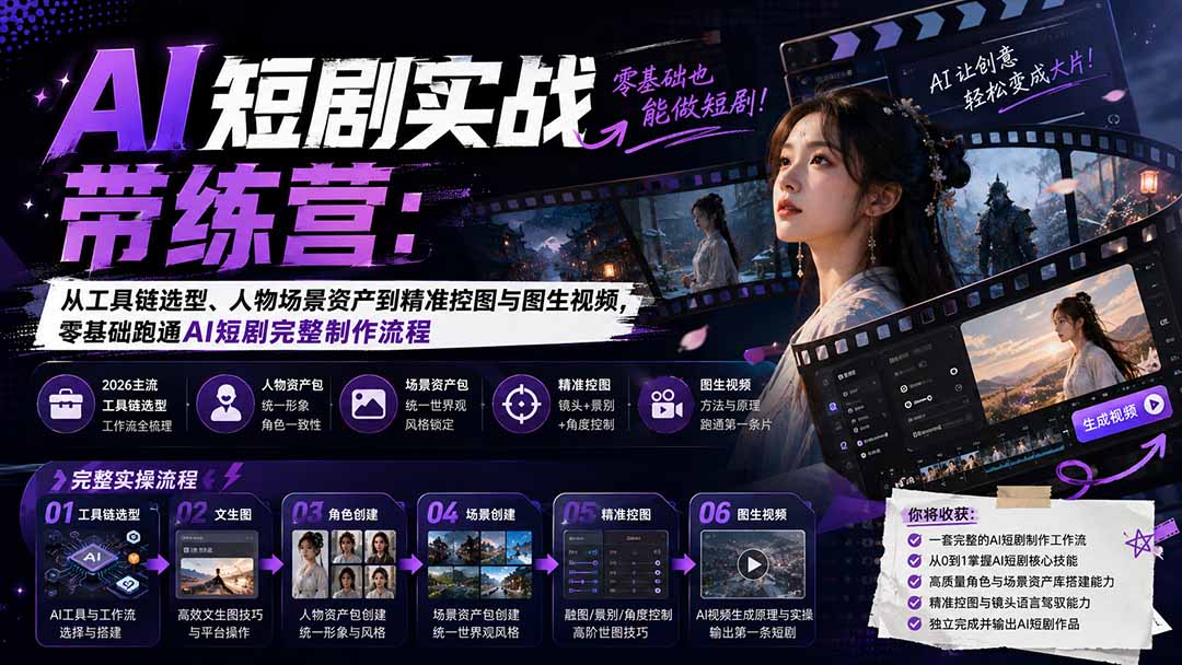 （20064期）AI短剧实战训练营：从工具链选型、人物场景资产到精准控图与图生视频，零基础跑通AI短剧完整制作流程-九节课