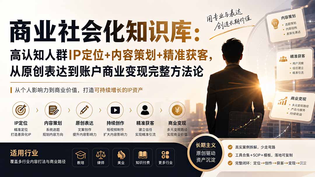 （19733期）商业社会化知识库：高认知人群IP定位+内容策划+精准获客，从原创表达到账户商业变现完整方法论-九节课