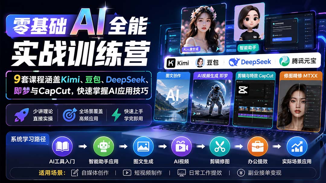 （20134期）零基础AI全能实战训练营：9套课程涵盖Kimi、豆包、DeepSeek、即梦与CapCut，快速掌握AI应用技巧-九节课