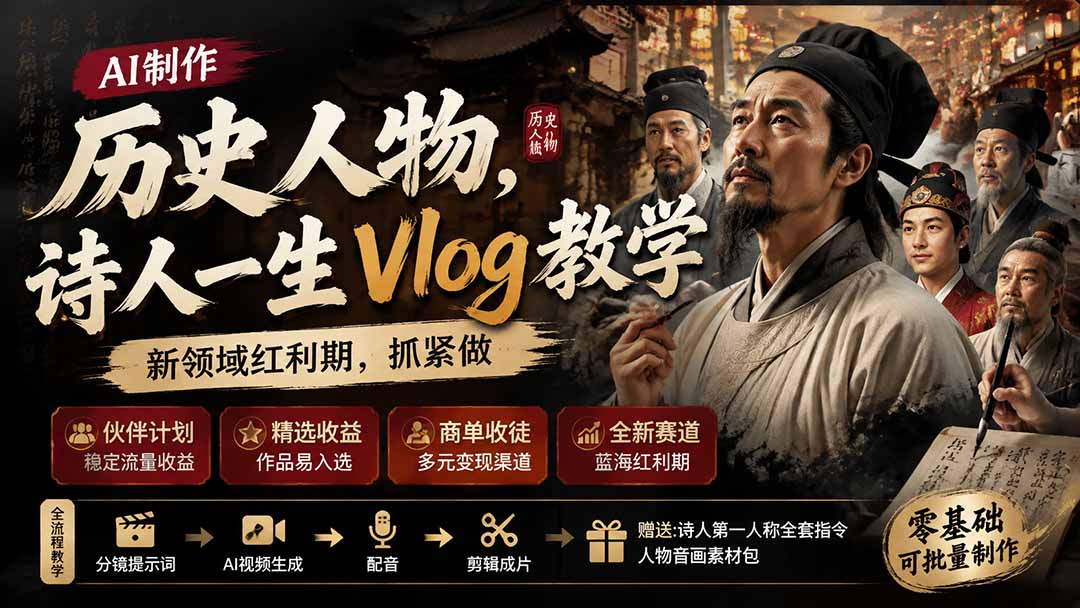 （19758期）历史人物，诗人一生Vlog教学， AI制作丨伙伴计划丨精选收益丨商单收徒 ，新领域红利期，抓紧做-九节课