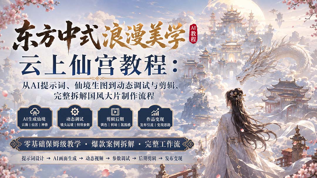 （20147期）东方中式浪漫美学云上仙宫教程：从AI提示词、仙境生图到动态调试与剪辑，完整拆解国风大片制作流程-九节课