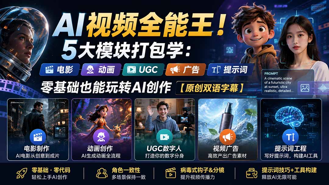 （20048期）AI视频全能王！5大模块打包学：电影、动画、UGC、广告、提示词，零基础也能玩转AI创作【原创双语字幕】-九节课