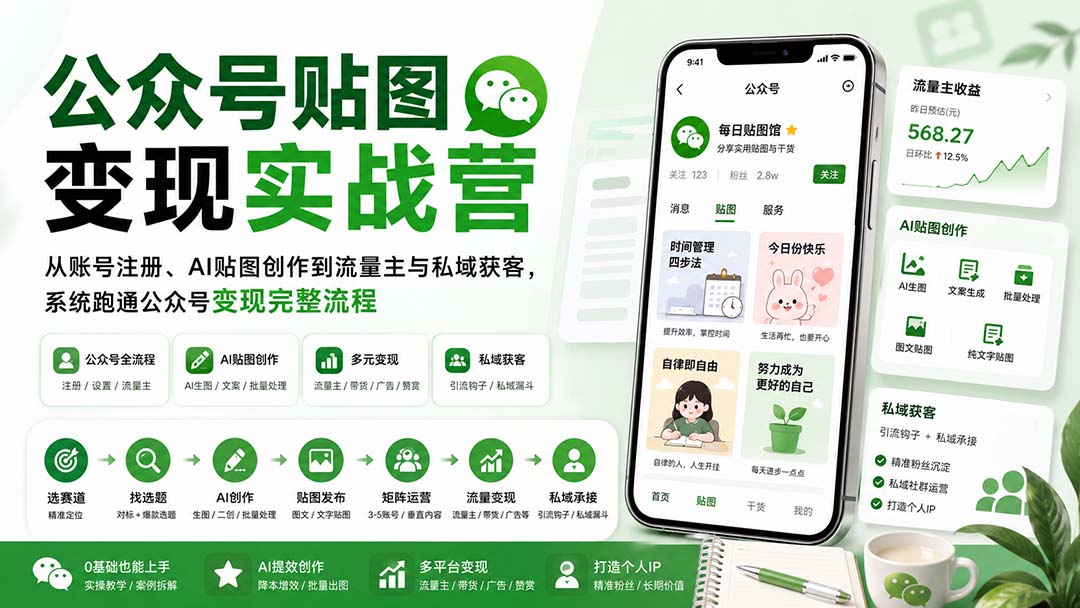 （20120期）公众号贴图变现实战营：从账号注册、AI贴图创作到流量主与私域获客，系统跑通公众号变现完整流程-九节课