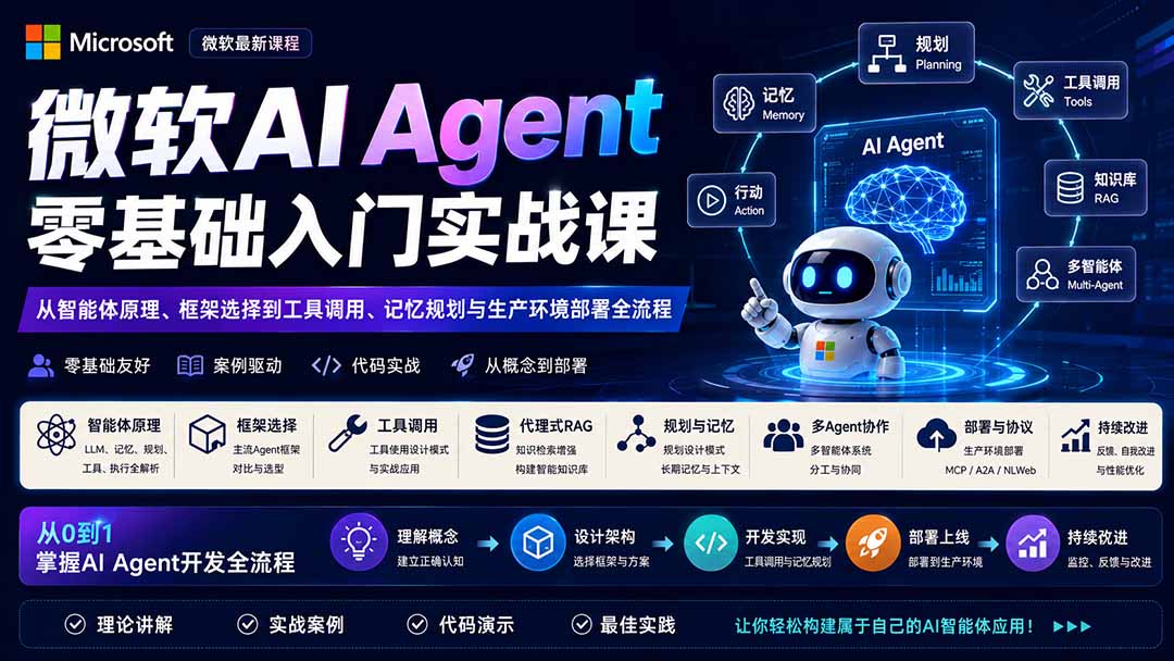 （19977期）微软AI Agent零基础入门实战课：从智能体原理、框架选择到工具调用、记忆规划与生产环境部署全流程-九节课