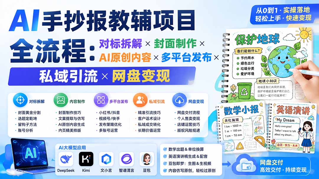 （19785期）AI手抄报教辅项目全流程：对标拆解×封面制作×AI原创内容×多平台发布×私域引流×网盘变现-九节课