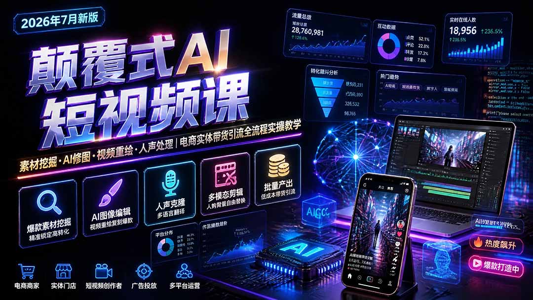 （19630期）颠覆式AI短视频课｜素材挖掘，AI修图，视频重绘，人声处理｜电商实体带货引流全流程实操教学-九节课