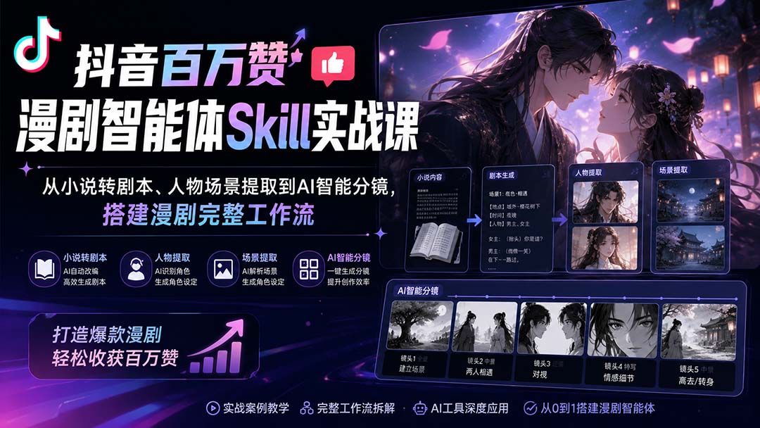 （20172期）抖音百万赞漫剧智能体Skill实战课：从小说转剧本、人物场景提取到AI智能分镜，搭建漫剧完整工作流-九节课